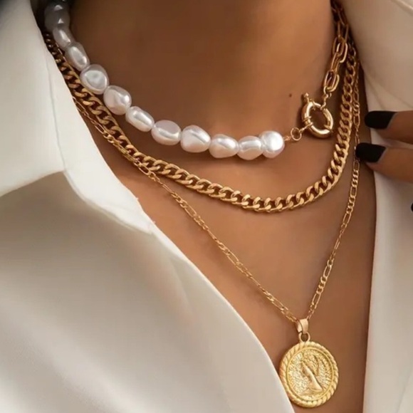 Pearl Toggle Layered Gold Coin Necklace - Picture 3 of 5
